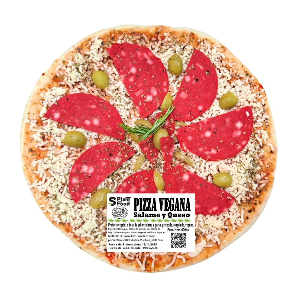 Pizza de Salame y Queso. 8 Porciones, Congelado. Vegano   